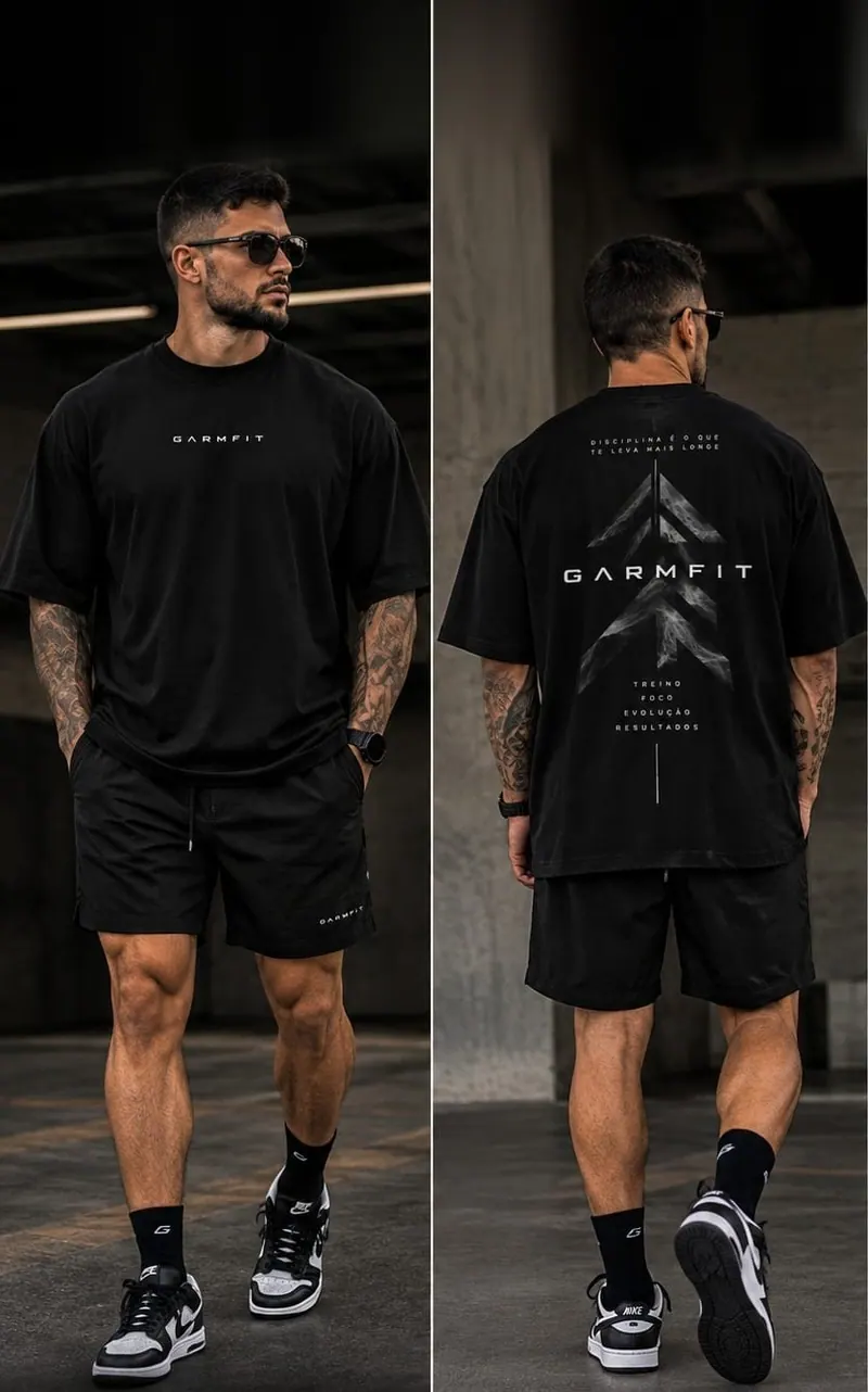 Coleção GARMFIT: camiseta e bermuda pretas em modelo, de frente e de costas