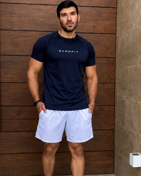 Modelo com a camiseta Dry Fit GARMFIT azul-marinho